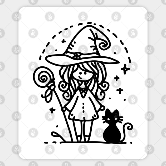 Cute Witch and Black Cat Doodle Magnet by H. R. Sinclair